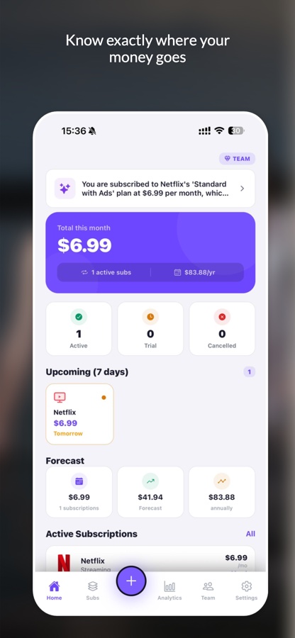 SubRadar AI dashboard — total monthly spend, upcoming renewals, forecast, active subscriptions