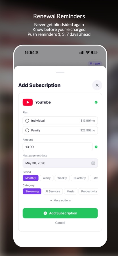 Renewal reminders — push notifications 1, 3, and 7 days before any charge